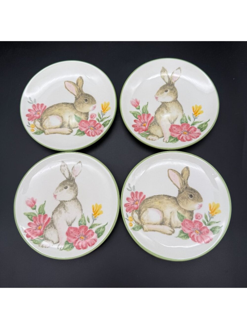 Maxcera Festive Rabbit Appetizer Plates Set of 4 Floral Easter 6 Inch